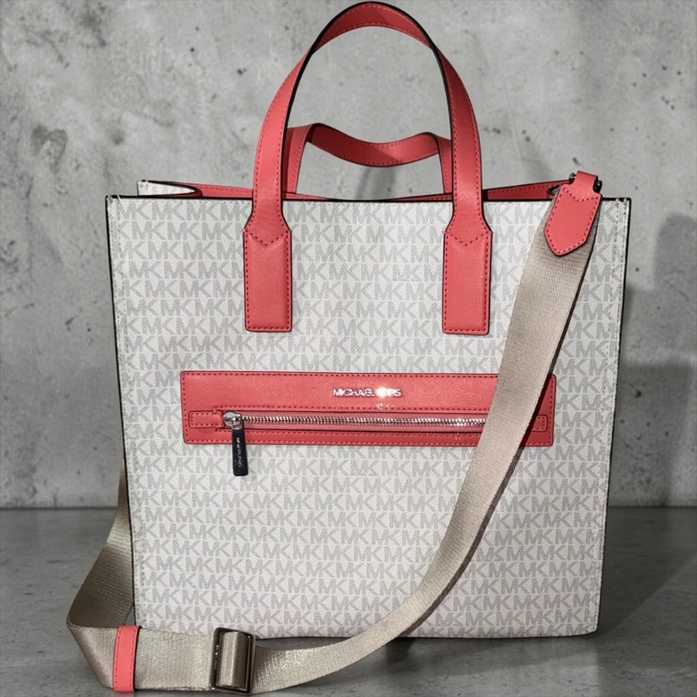 MICHAEL KORS Kenly Large Signature Logo Tape Tote Bag : Grapefruit and white